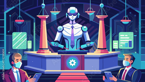 A robot is sitting at a desk with a tie on. A man is standing behind the robot