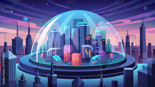 A city is shown in a bubble, with a blue sky above it. The city is filled with tall buildings and a variety of colors. Scene is futuristic and imaginative