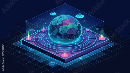 A blue and green image of a globe with a network of lines surrounding it. The globe is lit up with candles and the background is a dark blue color