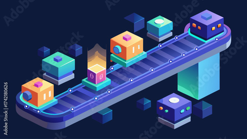 A blue conveyor belt with many boxes on it. The boxes are of different colors and sizes