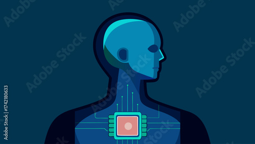 A blue and white drawing of a human body with a computer chip in the chest. Concept of technology and the human body's connection to it