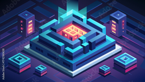 A futuristic cityscape with a large cube in the middle. The cube is surrounded by smaller cubes, and the entire scene is illuminated with neon lights. Scene is futuristic and technological