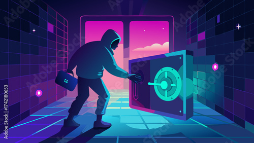 A man in a hoodie is trying to break into a safe. The safe is surrounded by a blue and purple background