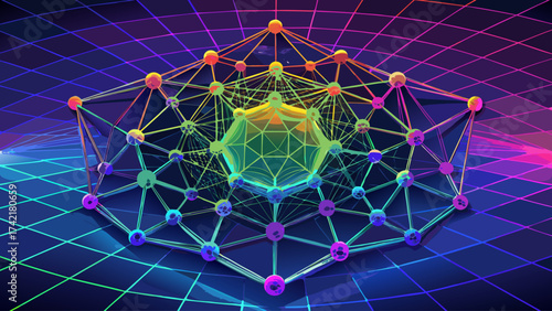A colorful, abstract image of a web of lines and dots. The image is a representation of a complex network of connections, possibly related to the internet or a scientific concept