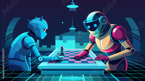 Two robots playing chess in a dark room. Scene is mysterious and futuristic. The robots are wearing suits and have glowing eyes, giving them an otherworldly appearance