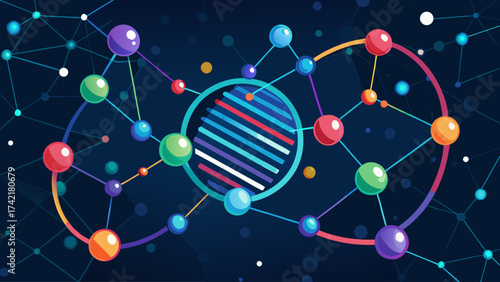 A colorful image of DNA strands and circles. The circles are of different colors and sizes, and the DNA strands are connected to them. Concept of the complexity and beauty of DNA