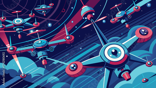 A colorful drawing of a group of drones flying in the sky. Scene is playful and futuristic