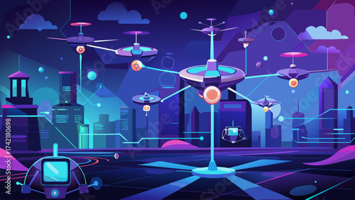 A futuristic cityscape with a large number of drones flying around. The drones are connected to a central hub, which is surrounded by buildings. The scene is vibrant and full of energy