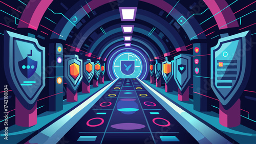 A futuristic tunnel with a sign that says "Security" on it. The tunnel is filled with various shields and other objects