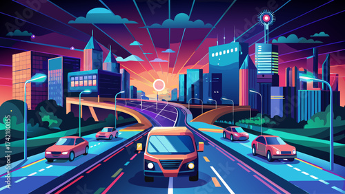 A city street with cars and a bus. The cars are red and the bus is orange. The sky is orange and the sun is setting