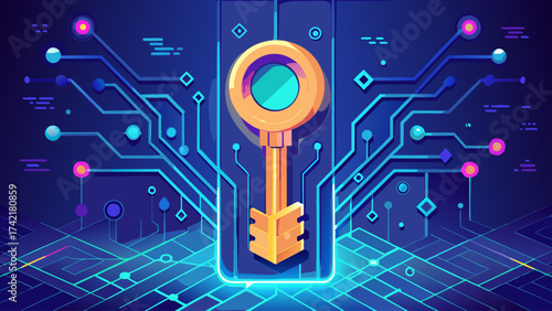 A key is shown in a blue background with a lot of wires and circuits. The key is surrounded by a lot of other keys, and the background is filled with many other keys