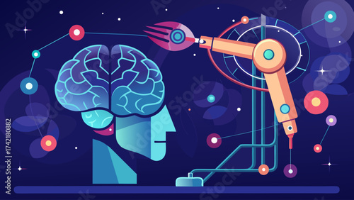 A robot is feeding a brain with a fork. The robot is in the middle of the brain and the fork is in the right hand of the robot