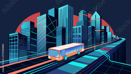 A bus is driving down a city street. The city is lit up with neon lights and the sky is dark. Scene is energetic and bustling