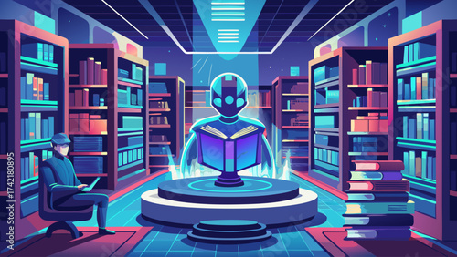 A man is sitting in a library with a robot in front of him. The robot is holding a book