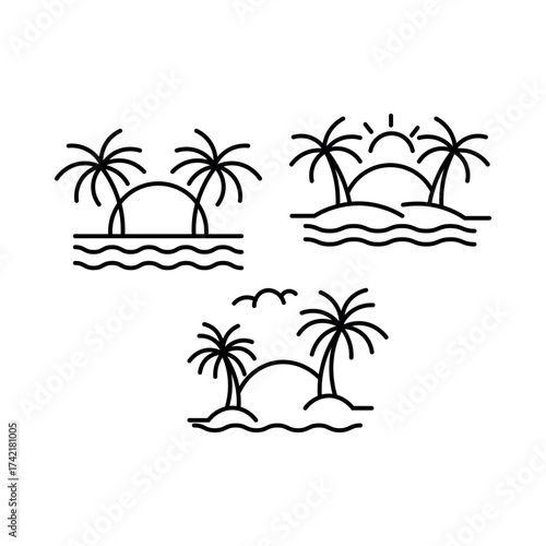 Tropical island palm trees ocean sunset scene waves