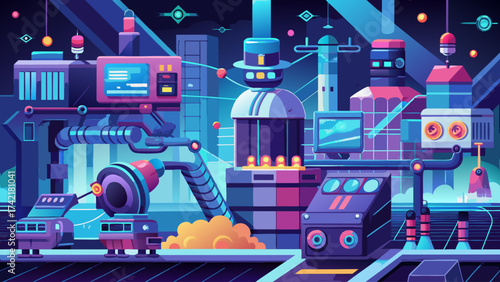 A futuristic cityscape with a lot of machinery and robots. Scene is futuristic and industrial
