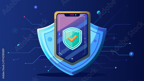 A phone is shown with a blue shield on it, with a check mark on the shield. The shield is designed to protect the phone from damage