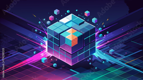 A cube is surrounded by many other cubes, and the image has a futuristic, colorful, and abstract feel to it