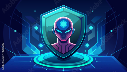 A robot is standing in front of a shield. The robot is wearing a helmet and has a blue face. The shield is blue and has a pattern on it. The image has a futuristic and technological feel to it