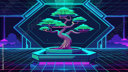 A neon green tree is in a room with a blue background. The room is lit up with neon lights and has a futuristic feel to it
