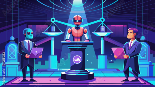A man in a suit is holding a laptop and standing in front of a robot. The scene is set in a futuristic courtroom with a robot judge presiding over the case