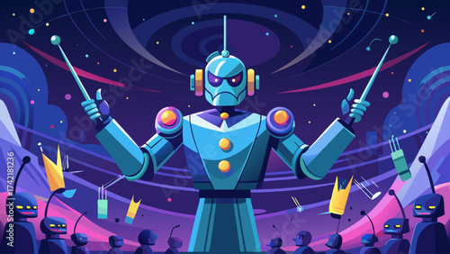 A robot conductor is leading a group of robots in a performance. The robots are scattered around the stage, with some standing closer to the conductor and others further away