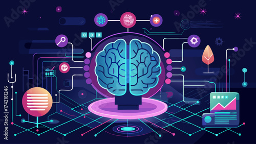A colorful brain with many wires and circuits surrounding it. The brain is surrounded by a blue and purple background