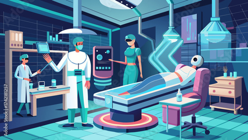 A hospital scene with a doctor and a nurse standing next to a bed. The doctor is wearing a white coat and the nurse is wearing a blue shirt. The room is filled with medical equipment
