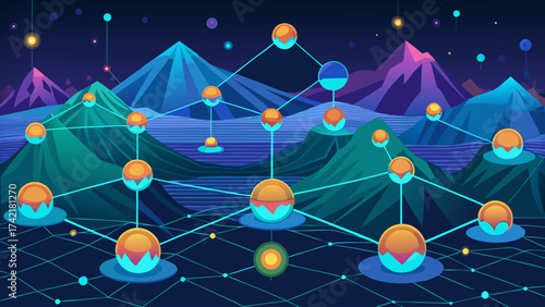 A colorful, abstract painting of a mountain range with many small spheres connected by lines. The painting conveys a sense of interconnectedness and the vastness of the universe