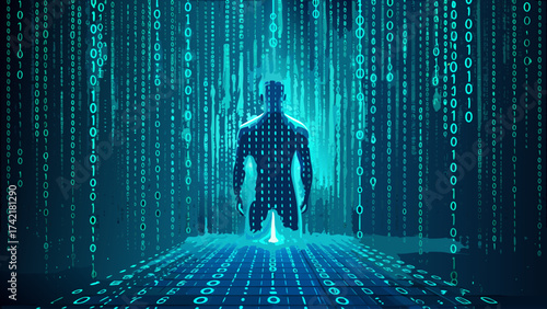 A man stands in a blue and green room with a computer screen behind him. The room is filled with a lot of numbers and the man is looking at a computer screen. Scene is futuristic and technological