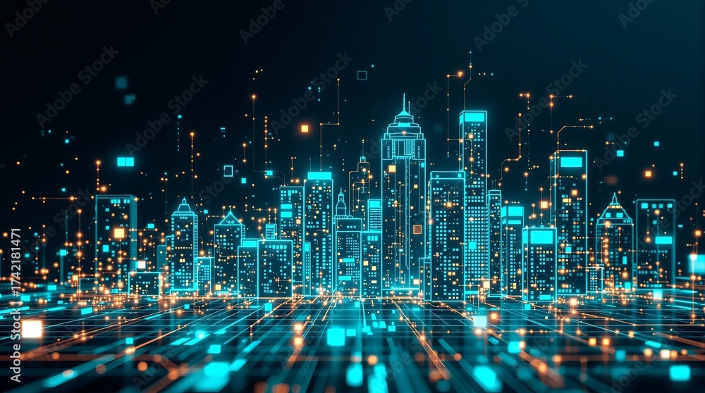 Obraz premium Futuristic city skyline digital illustration glowing neon light cyber network connection concept art