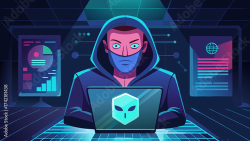 A man is sitting in front of a computer with a skull on the screen. He is wearing a hoodie and a mask. The image has a dark and mysterious mood