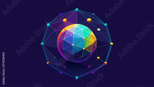 A colorful sphere with a network of lines surrounding it. The sphere is the center of the image and the lines are the edges of the sphere. The colors of the sphere and lines are bright and vibrant