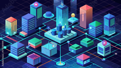 A cityscape with buildings and a network of wires. The buildings are tall and colorful, and the wires are spread out across the city. Scene is one of technology and urban life