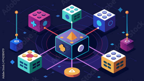 A colorful cube with a triangle on it is surrounded by other cubes. The cubes are arranged in a way that they look like they are connected to each other. The image has a playful and creative vibe