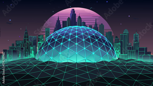 A cityscape with a dome in the middle. The dome is surrounded by a network of lines and is green in color. The city is lit up at night, giving the image a futuristic and vibrant feel