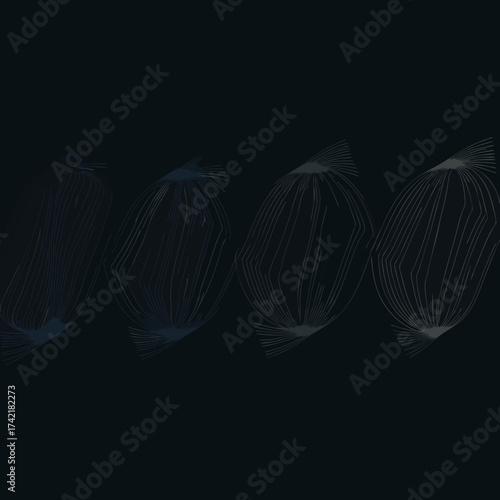 Abstract sequence of four ethereal cocoonlike forms created with delicate radiating lines in muted tones.