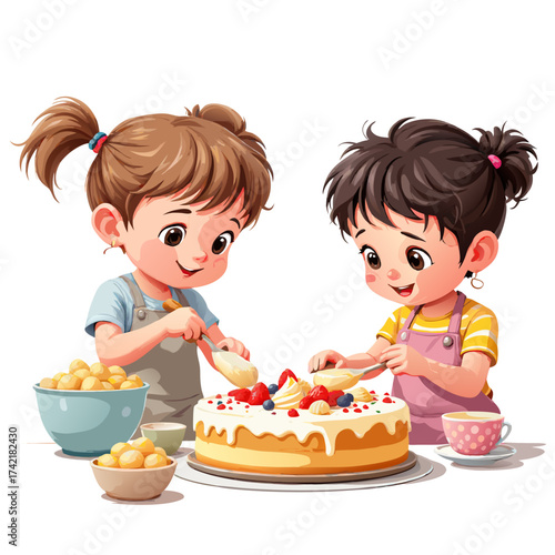 Adorable animestyle girls with pigtails in aprons happily decorating a creamy fruitcake together.