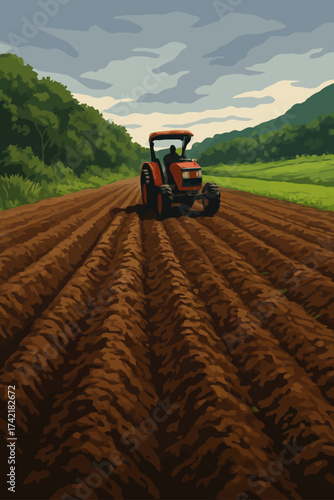 A red tractor works across freshly plowed farmland under a cloudy sky. The soil is neatly formed into rows, stretching toward the horizon, ready for planting. Surrounded by lush green trees and distan