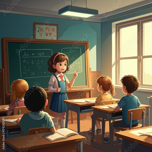 Animated female teacher with brown hair pink headband pointing at whiteboard teaching young students in a classroom.