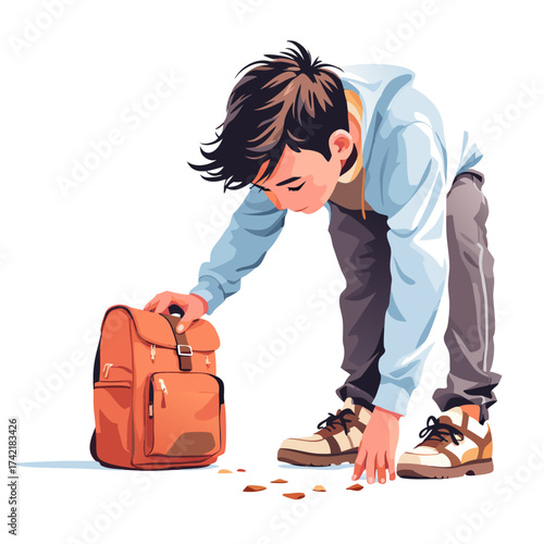 Boy with Backpack Leaning Down Cartoon Style Orange Bag Casual Outfit.