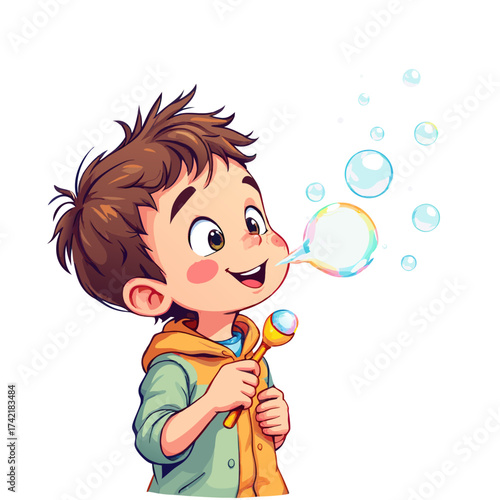 Cartoon Boy Blowing Bubbles with a Yellow Wand Smiling Happily.