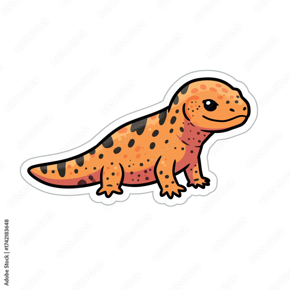 Fototapeta premium Cute cartoon lizard with orange and black spots on white background.