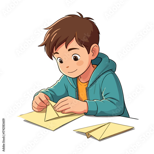Cartoon Boy Folding Yellow Paper Airplane with Blue Jacket.