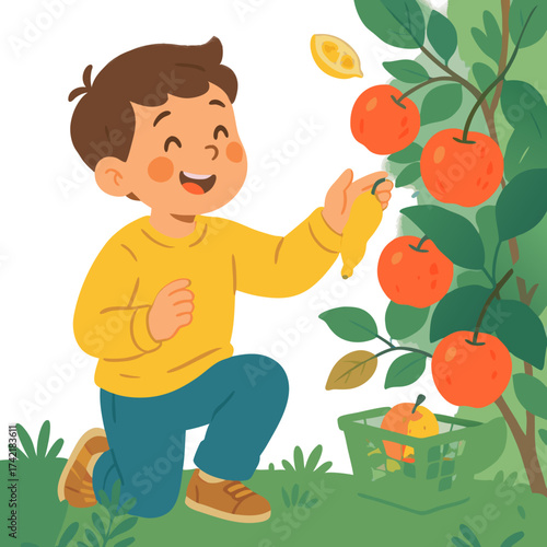Cartoon Boy Harvesting Yellow Pear from Apple Tree in Orchard.