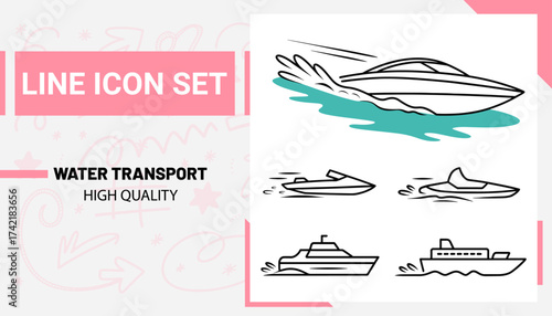 Qualityful Water Transport line icon set
