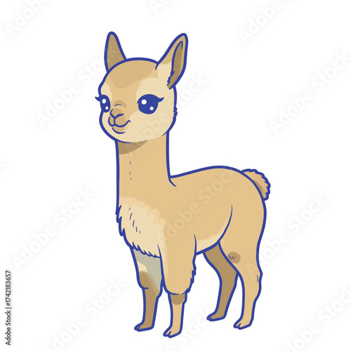 Cute cartoon llama standing proudly with a friendly expression and beautiful eyes.