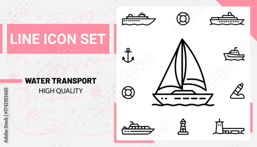 Qualityful Water Transport line icon set