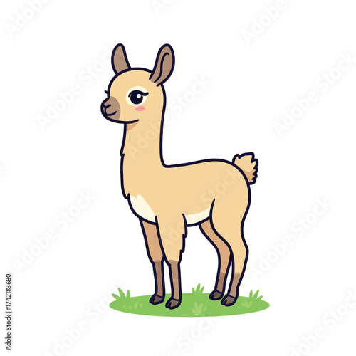 Cute Cartoon Llama Standing on Grass.