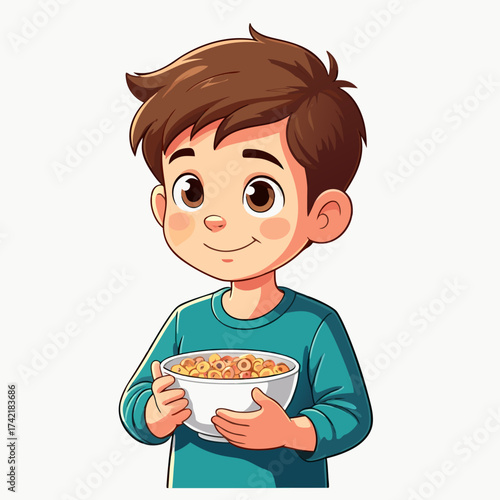 Cartoon Boy Holding Bowl of Cereal with Heterochromia Eyes Smiling.